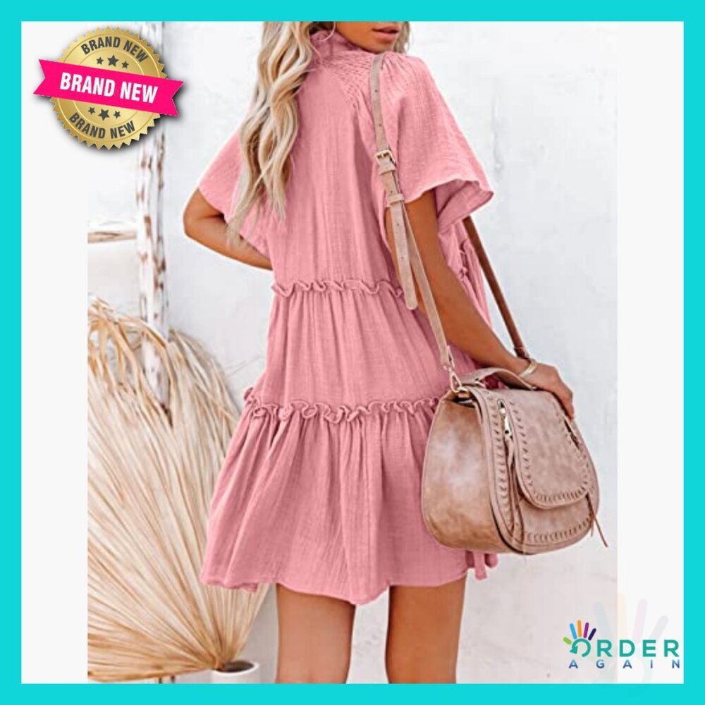 Cotton Babydoll Dress V-Neck Drawstring Ruffle Tiered Swing Mini Casual - Picture 3 of 5